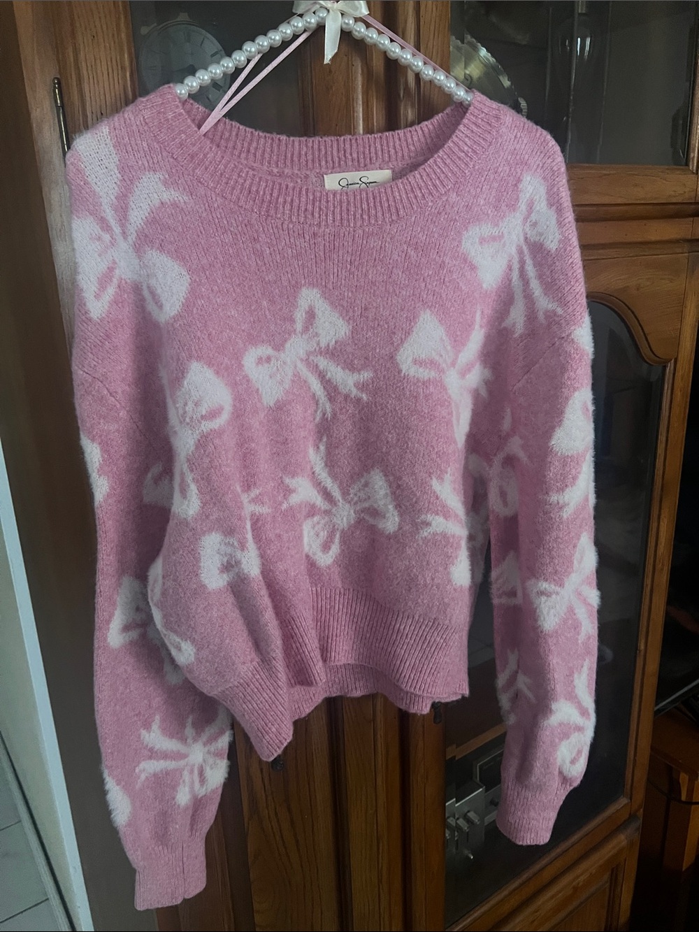 Pink Soft Fuzzy Bow Pattern Women's Sweater